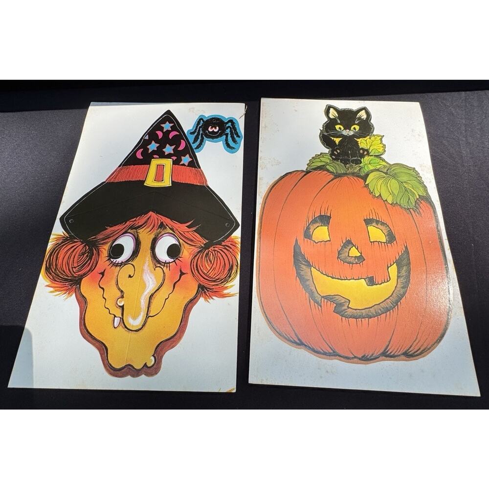 2 Vintage Halloween Masks Hallmark Paper Willa Witch & Percy Pumpkin Unused!